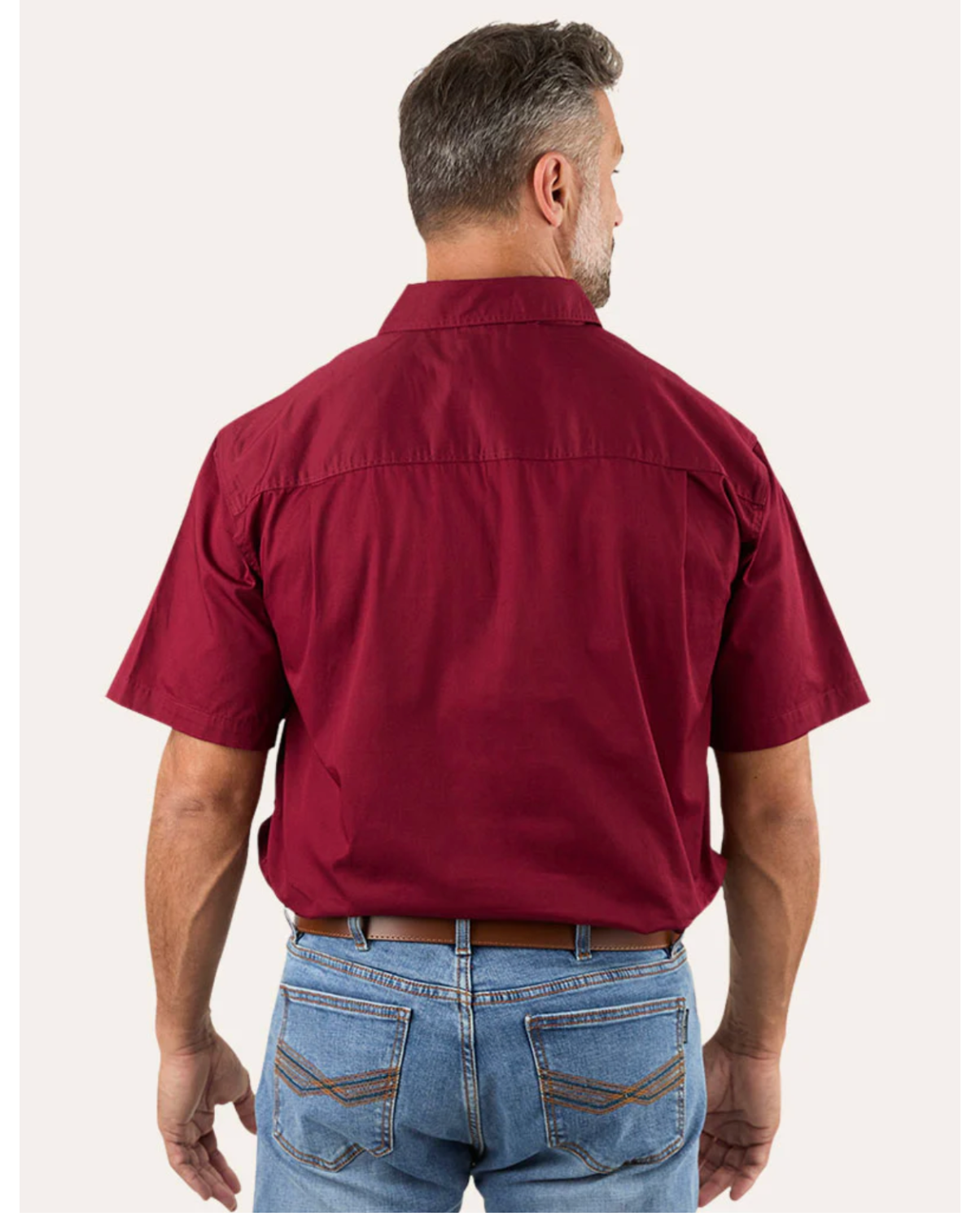 Ringers Western: Mens 100% Cotton 1/2 Button Work Shirt in the colour Burgundy featuring minimal embroidery of the ringers western bull - Texas Western New Zealand