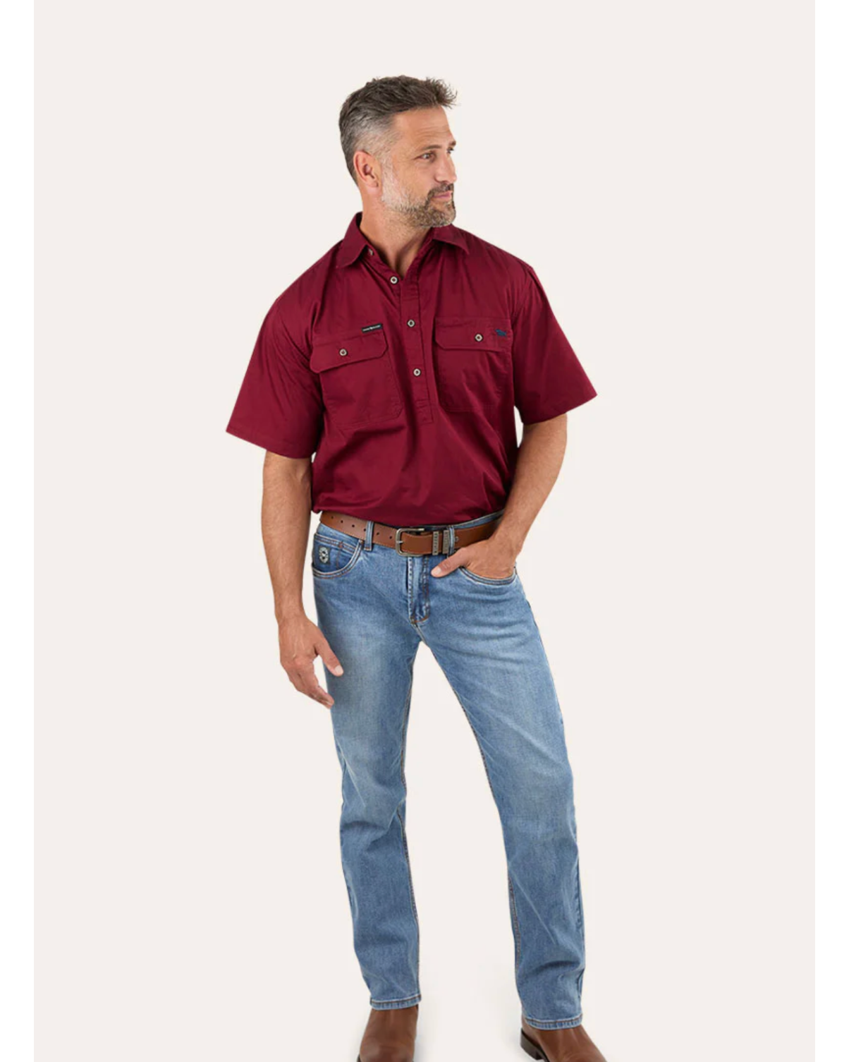 Ringers Western: Mens 100% Cotton 1/2 Button Work Shirt in the colour Burgundy featuring minimal embroidery of the ringers western bull - Texas Western New Zealand
