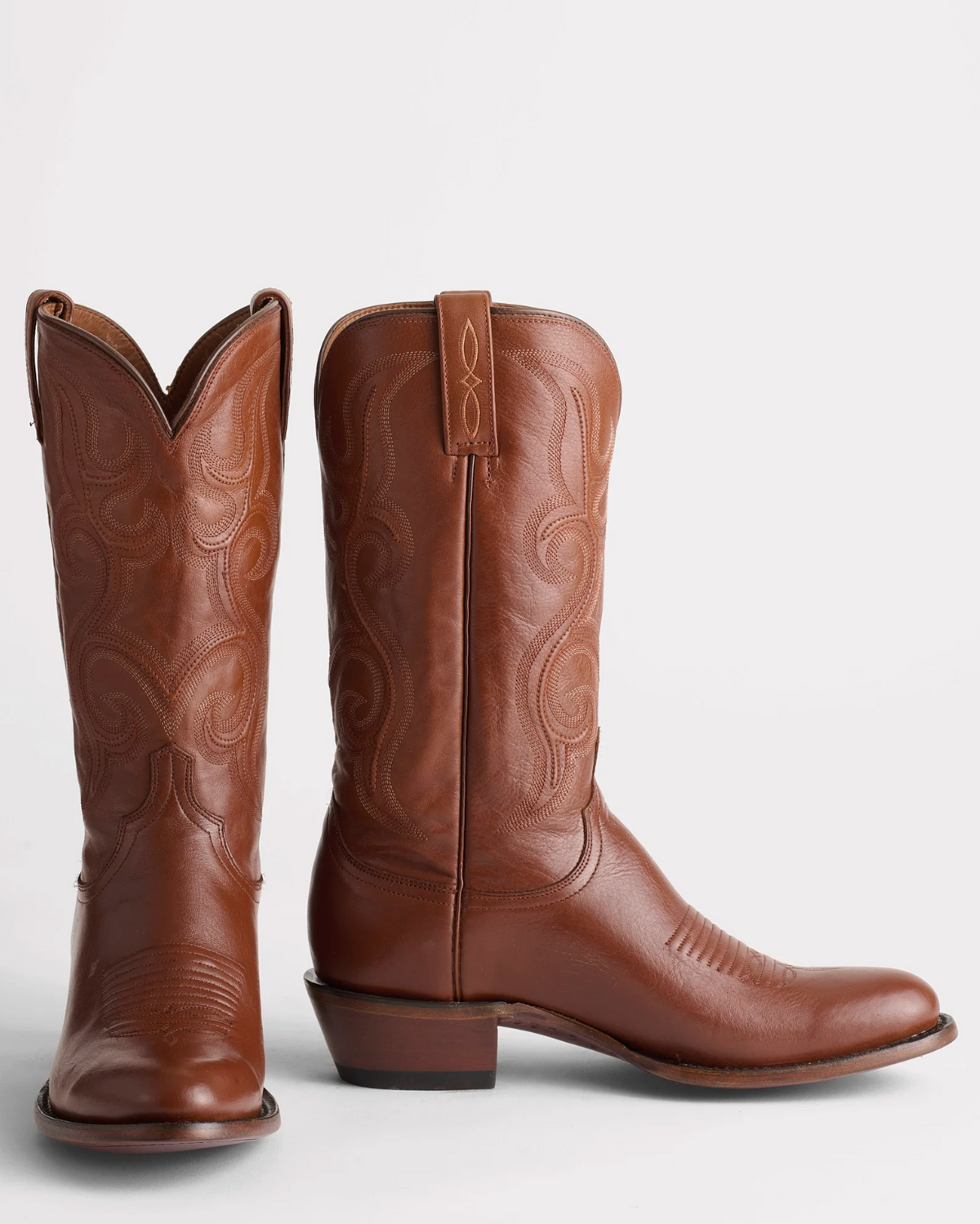 Lucchese: "Baker" Mens Leather Cowhide Cowboy Boot with detailed stitch pattern and a black stacked-leather heel in Brown - Texas Western Apparel New Zealand