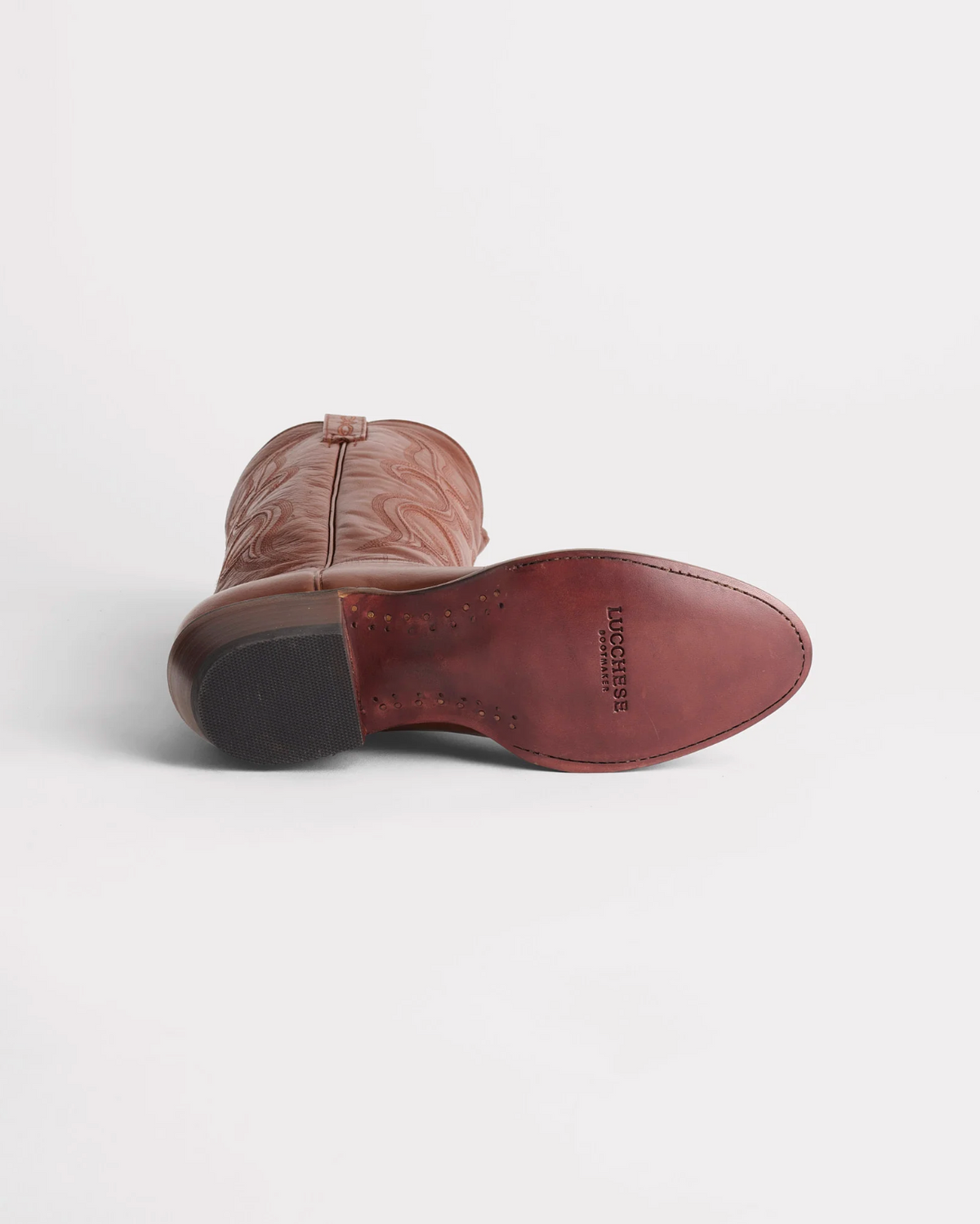 Lucchese: "Baker" Mens Leather Cowhide Cowboy Boot with detailed stitch pattern and a black stacked-leather heel in Brown - Texas Western Apparel New Zealand