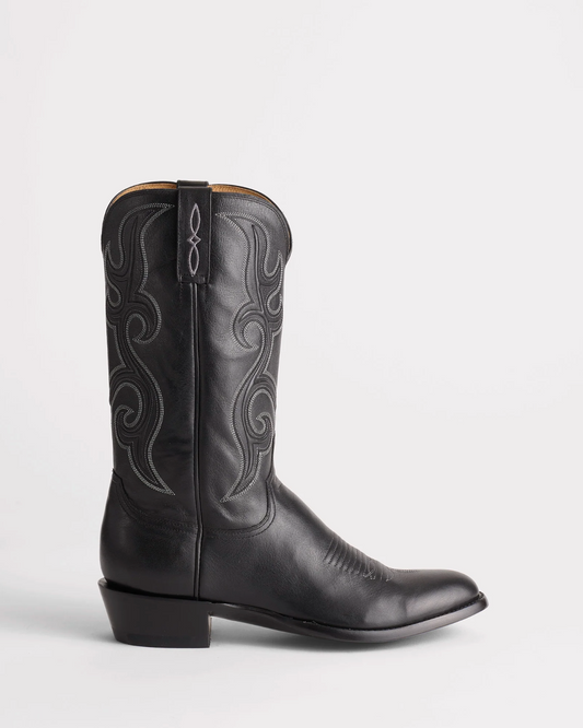 Lucchese: Mens "Baker" Black Leather Cowboy Boots with a detailed western stitch pattern - Texas Western New Zealand