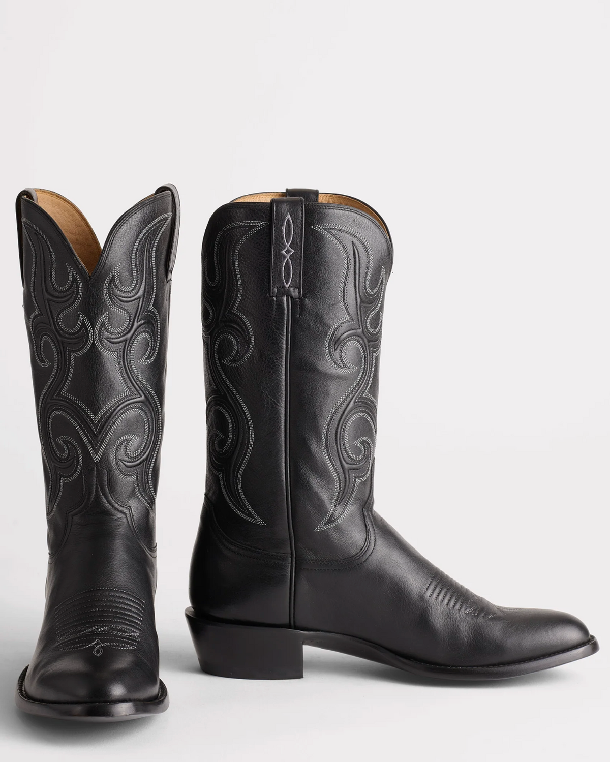 Lucchese: Mens "Baker" Black Leather Cowboy Boots with a detailed western stitch pattern - Texas Western New Zealand