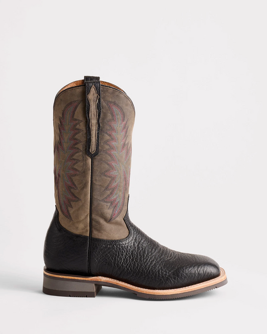 Lucchese: Mens Square Toe Leather Cowboy Boots in Black/Charcoal with western stitching on the shaft and rubber soles - Texas Western New Zealand