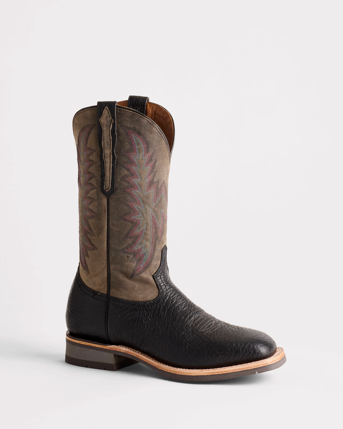 Lucchese: Mens Square Toe Leather Cowboy Boots in Black/Charcoal with western stitching on the shaft and rubber soles - Texas Western New Zealand