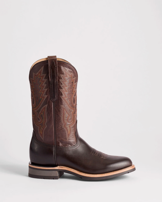 Lucchese: Mens Round Toe Leather Cowboy Boots in Brown/Mocha with western stitching on the shaft and rubber soles - Texas Western New Zealand