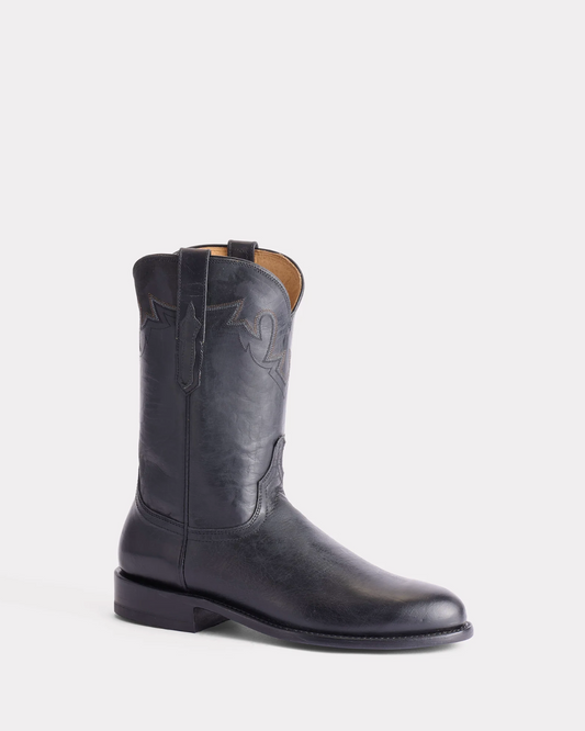 Lucchese: Men's "Sunset" Roper MAde Dog Goat Leather Cowboy Boots in Black handmade in Texas - Texas Western Apparel New Zealand