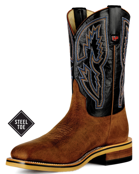 Horse Power: Men's steel cap and leather work cowboy boots in black and dark brown - Texas Western New Zealand