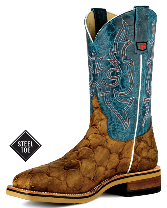 Horse Power: Mens Steel Toe & Leather Work Cowboy Boots, in tan and blue with Western Stitching - Texas Western New Zealand