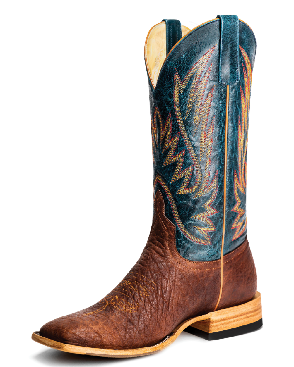 Horse Power: Mens Square Toe Leather Cowboy Boots in Brown and Navy with Brown Western Stitching - Texas Western New Zealand