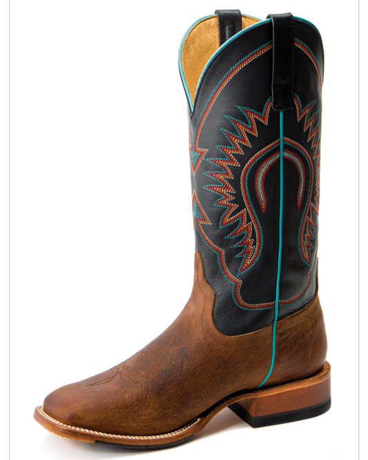 Horse Power Kids: unisex Genuine Leather Cowboy Boots in Brown and Black featuring western stitching on the shaft in brown with blue piping - Texas Western New Zealand