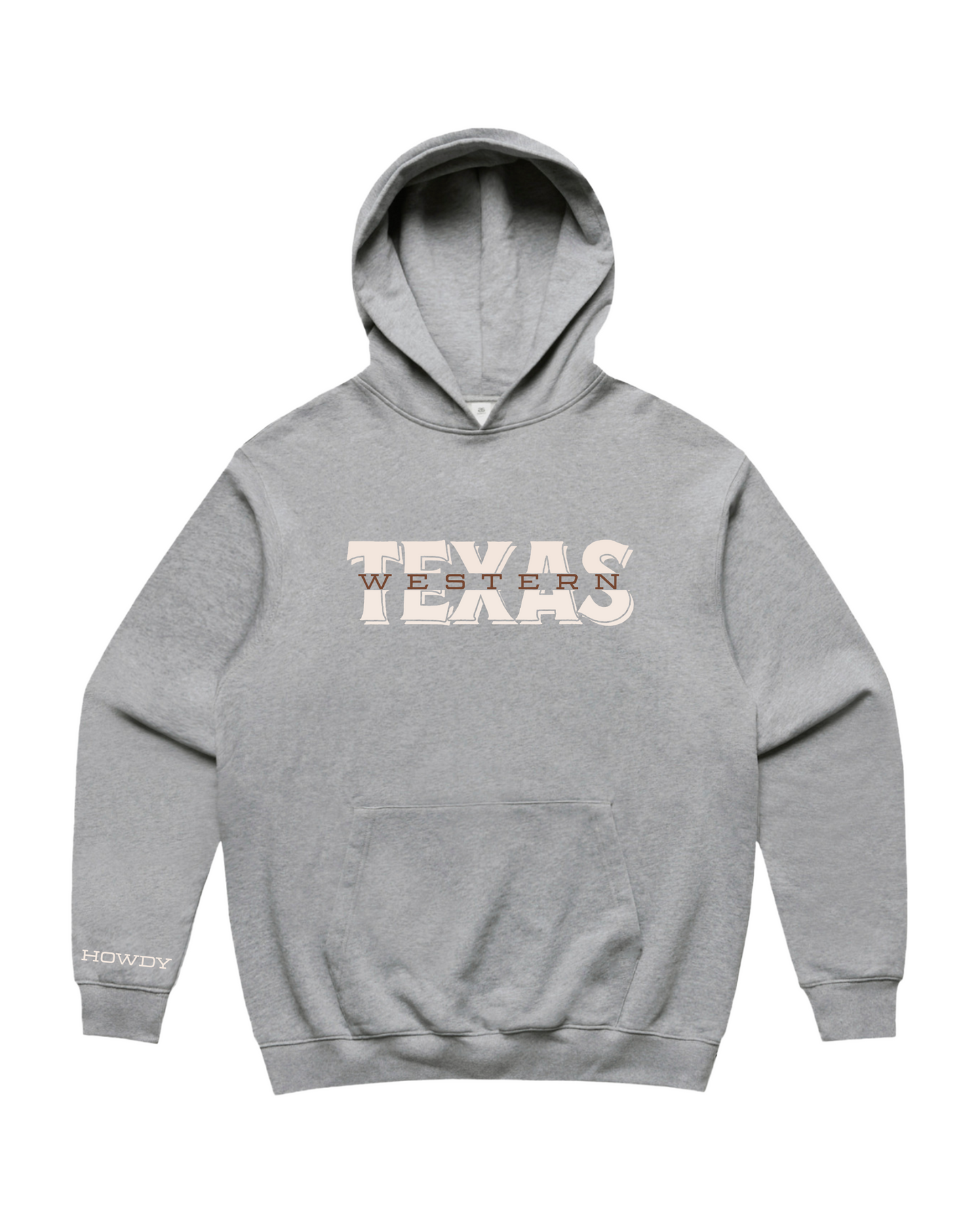 Texas Western Apparel Merch: Grey Marle Hoodies featuring TEXAS WESTERN graphic text. 100% Cotton. New Zealand