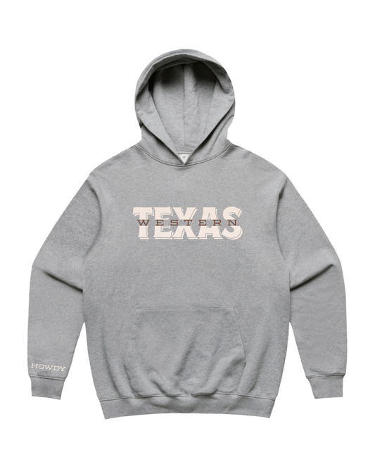 Texas Western Apparel Merch: Grey Marle Hoodies featuring TEXAS WESTERN graphic text. 100% Cotton. New Zealand