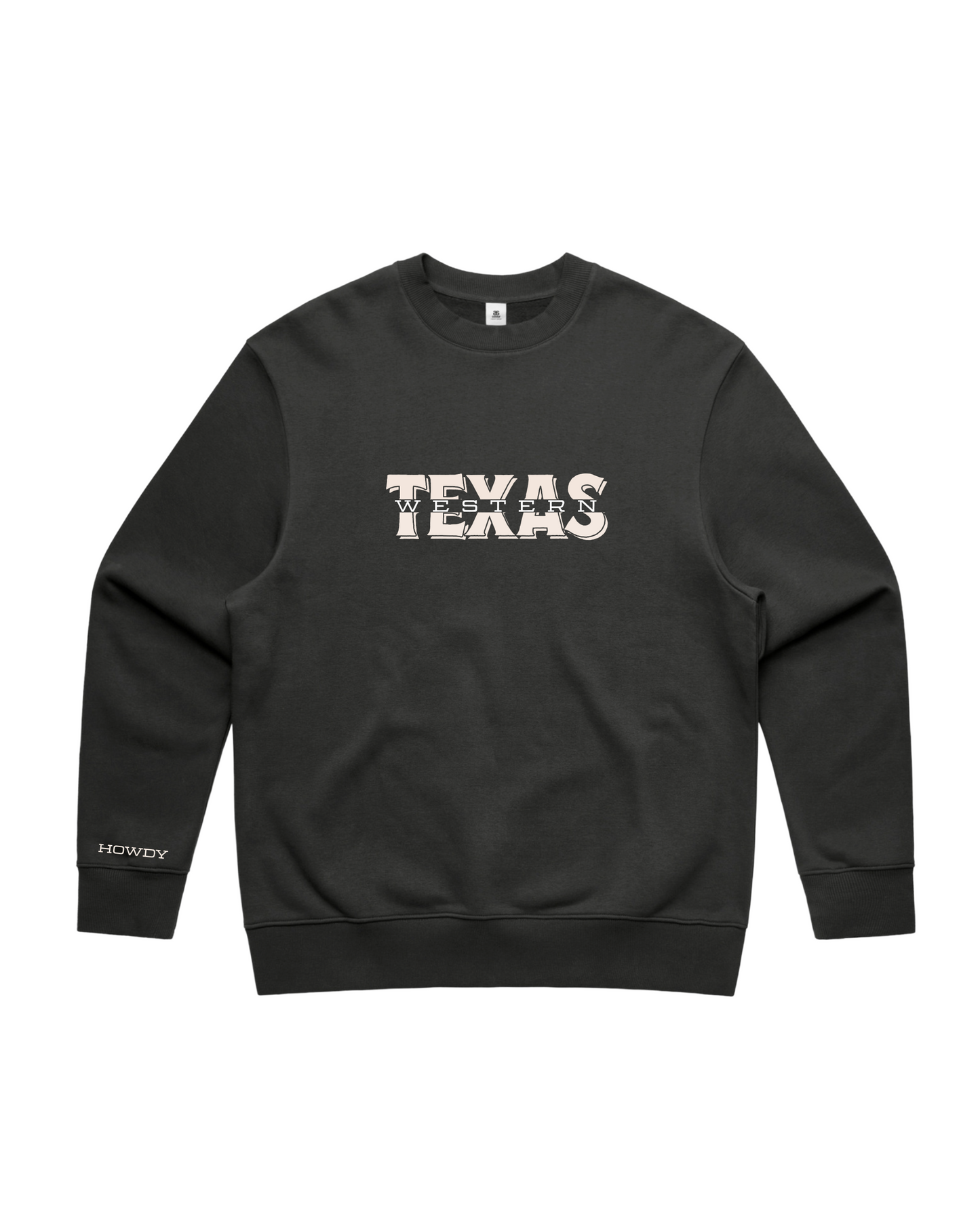 Texas Western Apparel Merch: Black 100% Cotton Crew Neck Jumper with Texas Western Graphic Text - New Zealand