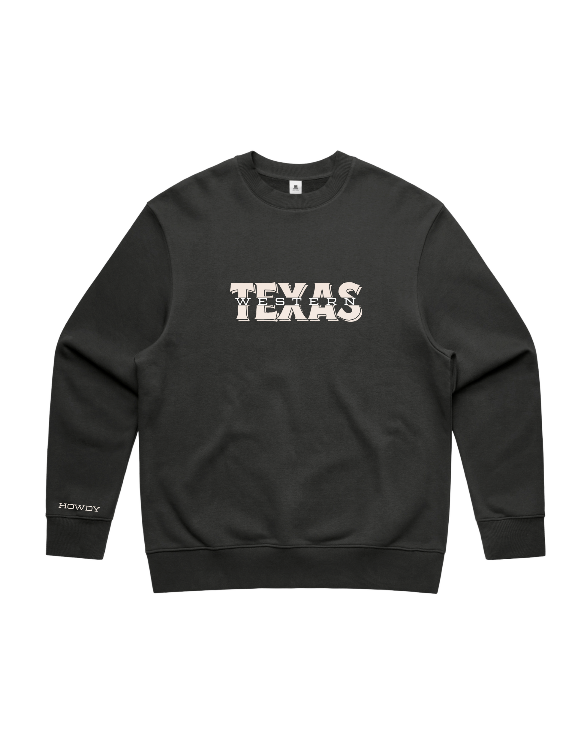 Texas Western Apparel Merch: Black 100% Cotton Crew Neck Jumper with Texas Western Graphic Text - New Zealand
