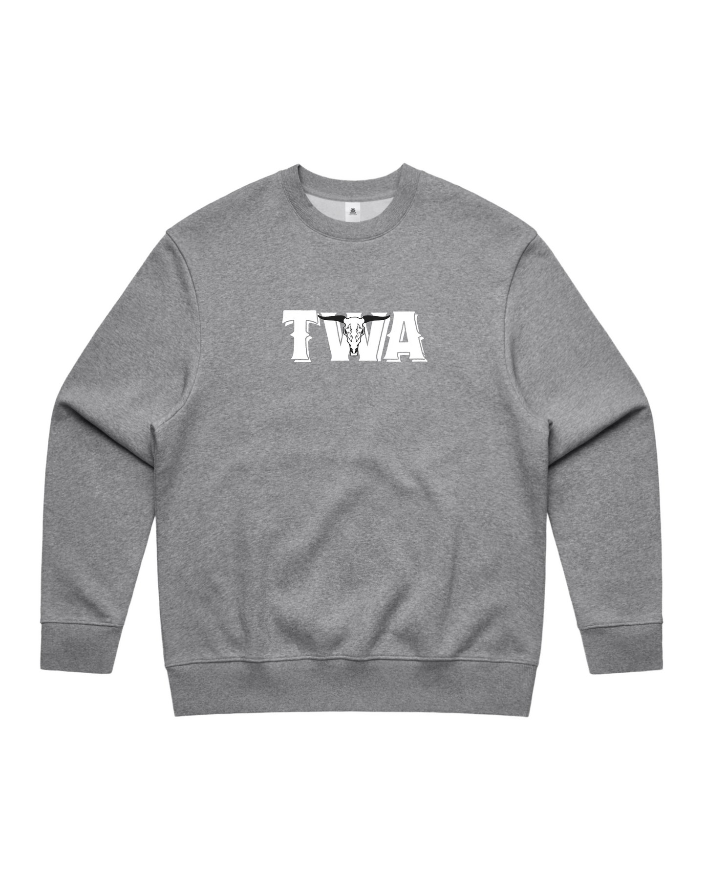 Texas Western Apparel Crew Neck Jumper in Grey with a TWA and longhorn graphic on the front - New Zealand