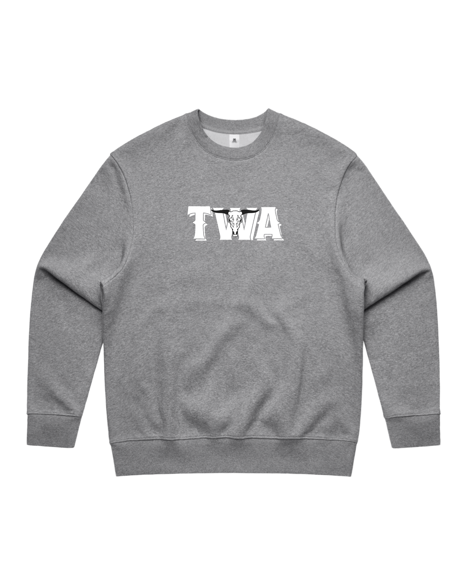 Texas Western Apparel Crew Neck Jumper in Grey with a TWA and longhorn graphic on the front - New Zealand