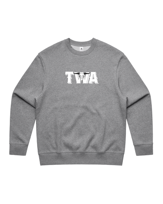 Texas Western Apparel Crew Neck Jumper in Grey with a TWA and longhorn graphic on the front - New Zealand