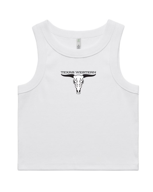 Texas Western Apparel White Ribbed Tank Top with the "texas Western" Bull embroidery on the front - New Zealand