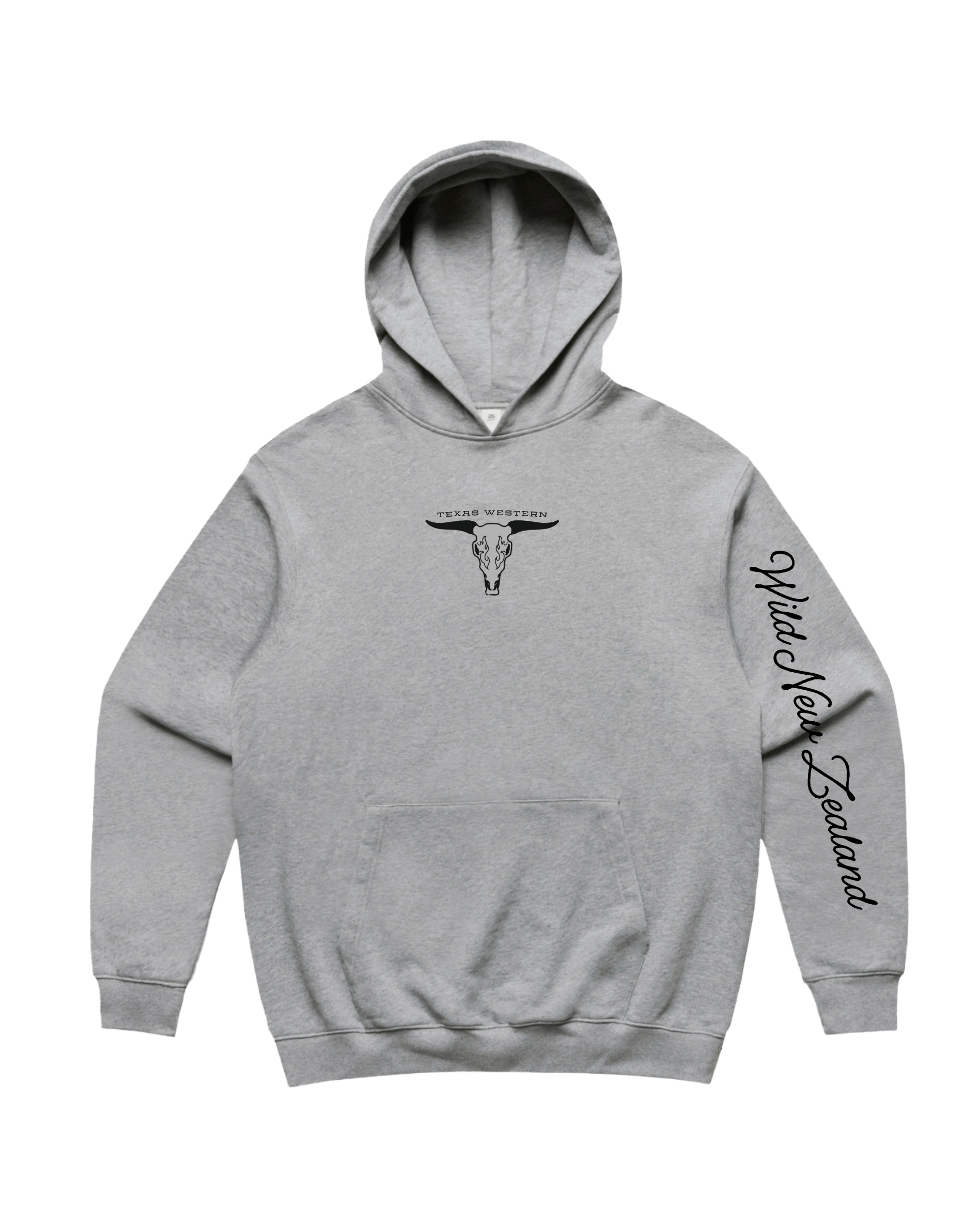 Texas Western Apparel Merch: Grey Heavy Hoodie, with Texas Western Bull Logo embroidery on the front - New Zealand