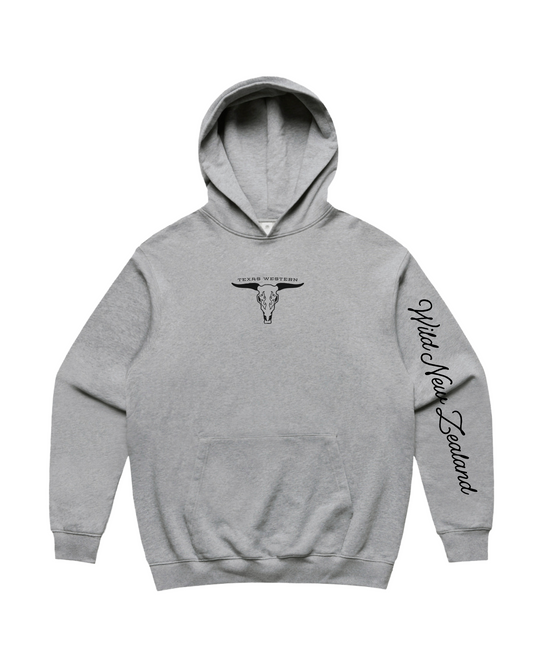 Texas Western Apparel Merch: Grey Heavy Hoodie, with Texas Western Bull Logo embroidery on the front - New Zealand