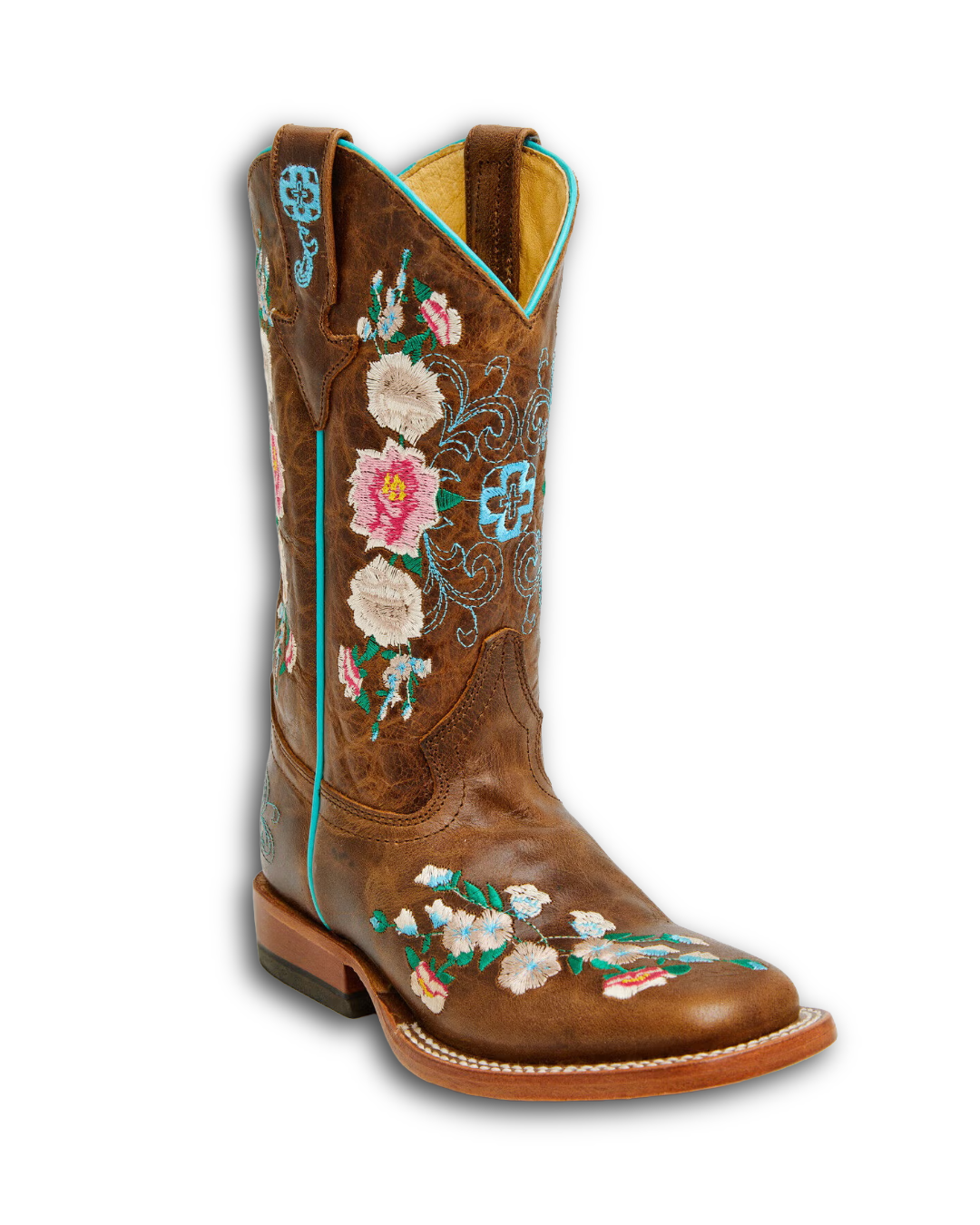 Macie Bean Kids: Girls Genuine Leather Cowboy Boots in Brown with a Floral design in pinks and blue - Texas Western New Zealand