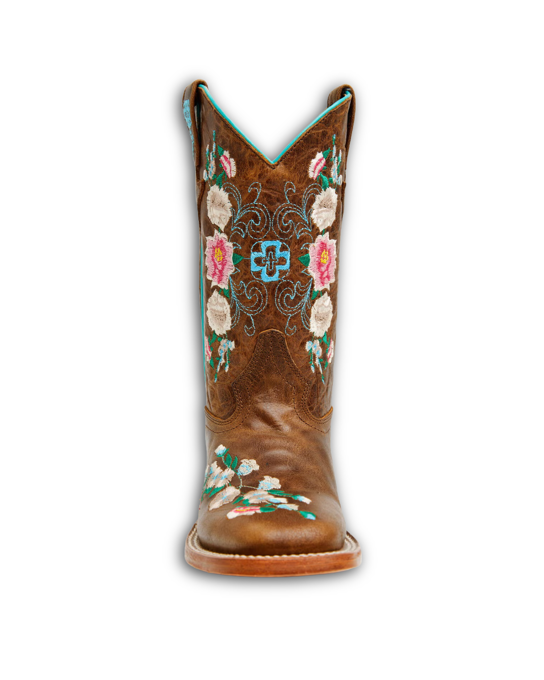 Macie Bean Kids: Girls Genuine Leather Cowboy Boots in Brown with a Floral design in pinks and blue - Texas Western New Zealand