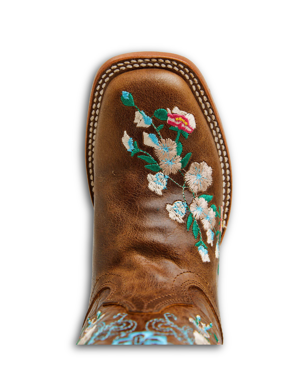 Macie Bean Kids: Girls Genuine Leather Cowboy Boots in Brown with a Floral design in pinks and blue - Texas Western New Zealand