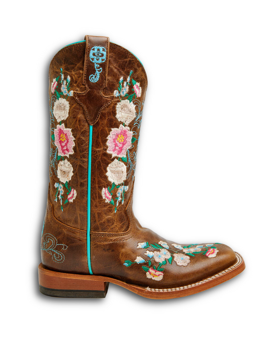 Macie Bean Kids: Girls Genuine Leather Cowboy Boots in Brown with a Floral design in pinks and blue - Texas Western New Zealand